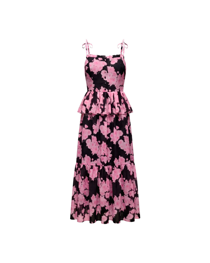 Perla midi, black crepe de chine dress with medium pink flowers