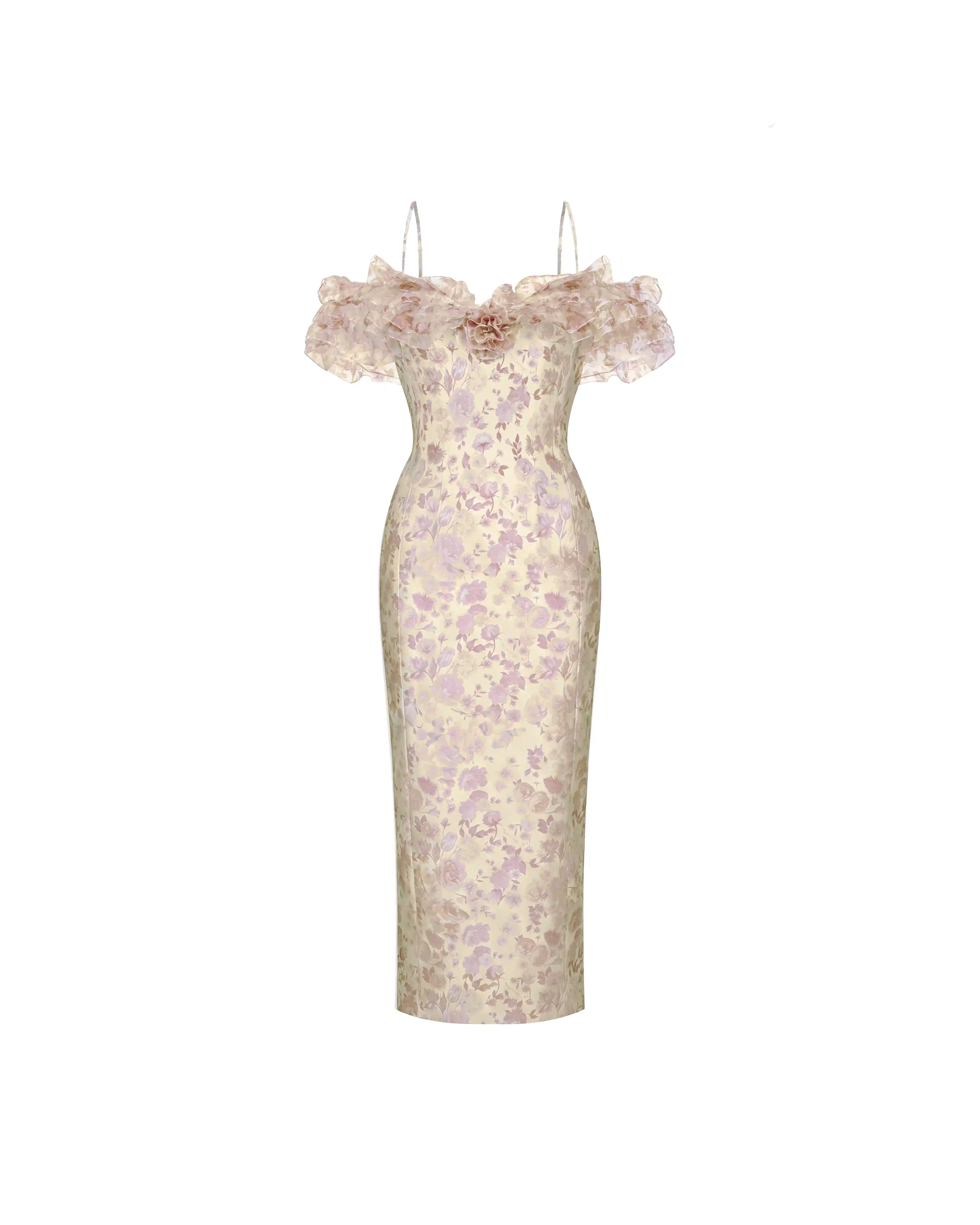 May midi, midi dress in yellow organza with a floral print, ruffles, and a rose detail
