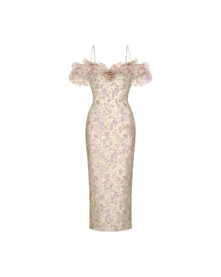 May midi, midi dress in yellow organza with a floral print, ruffles, and a rose detail