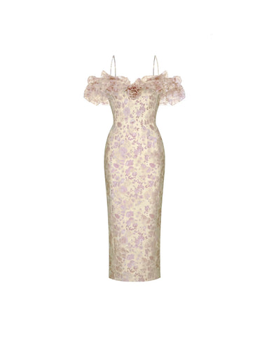 May midi, midi dress in yellow organza with a floral print, ruffles, and a rose detail