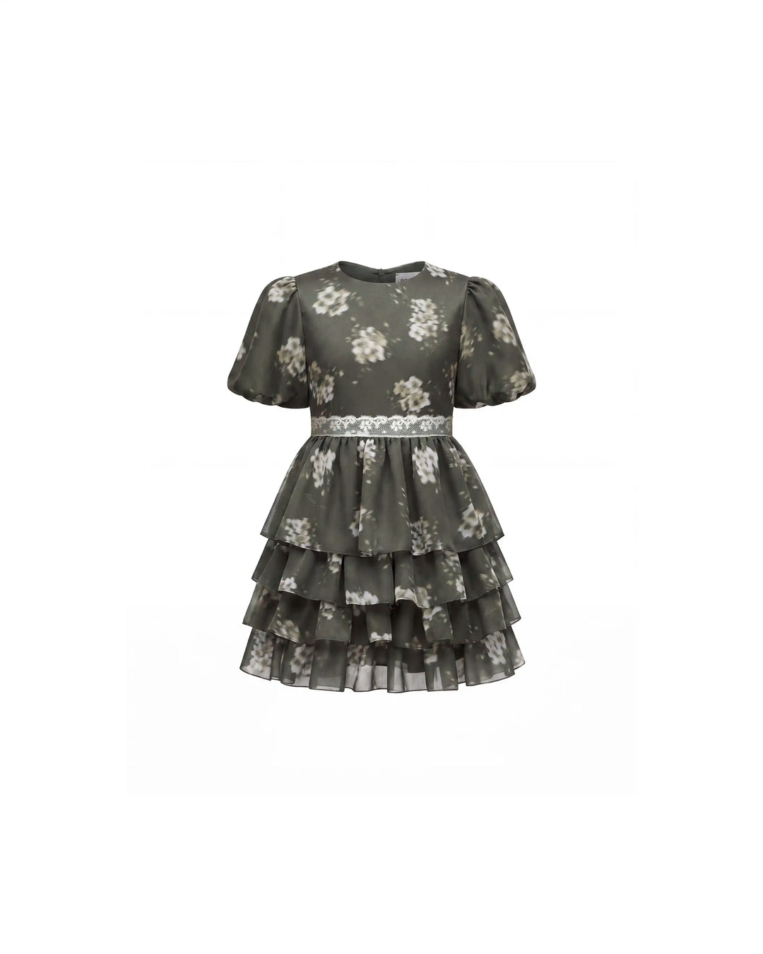 Fifi, khaki crepe de chine children's dress with ivory flowers