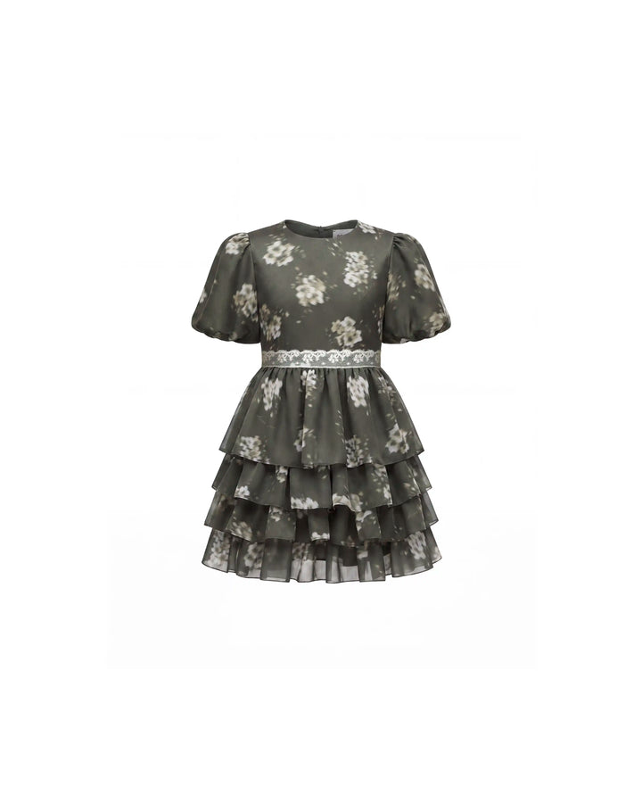 Fifi, khaki crepe de chine children's dress with ivory flowers