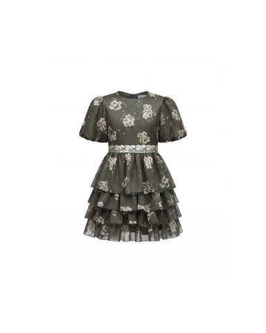 Fifi, khaki crepe de chine children's dress with ivory flowers