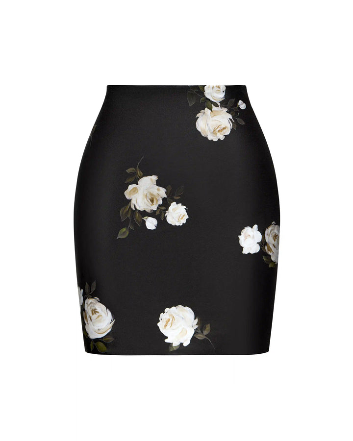 Mona no frill, mini skirt  made of black genuine leather with a floral print