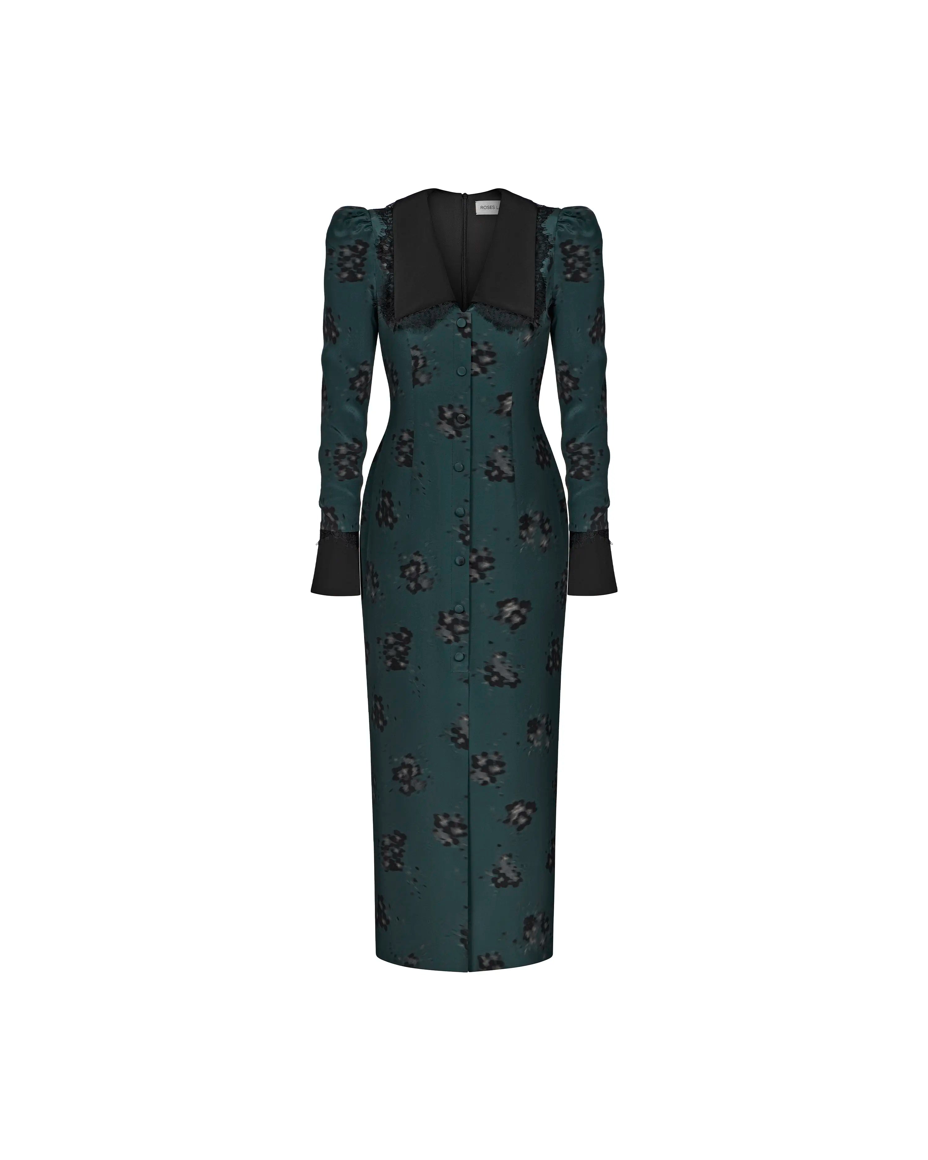 Adaline midi, emerald crepe de chine midi dress with black flowers