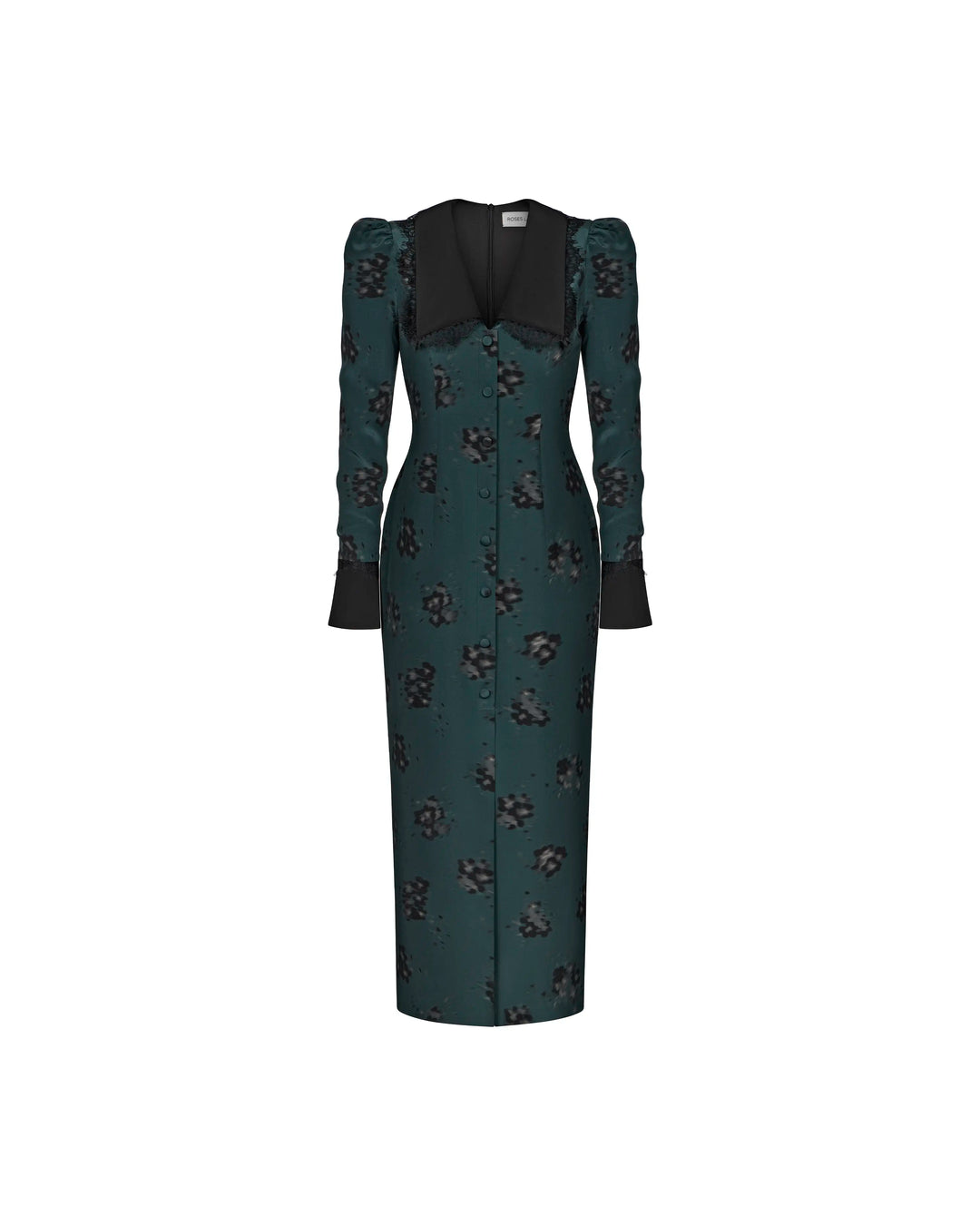 Adaline midi, emerald crepe de chine midi dress with black flowers