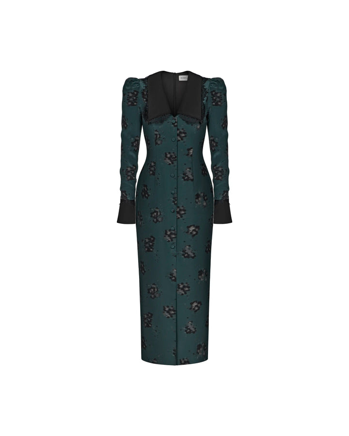 Adaline midi, emerald crepe de chine midi dress with black flowers