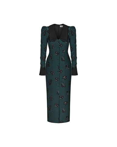 Adaline midi, emerald crepe de chine midi dress with black flowers