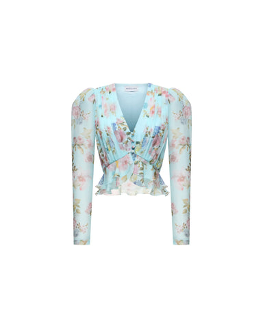 Carolina, a blouse in blue chiffon with a floral print