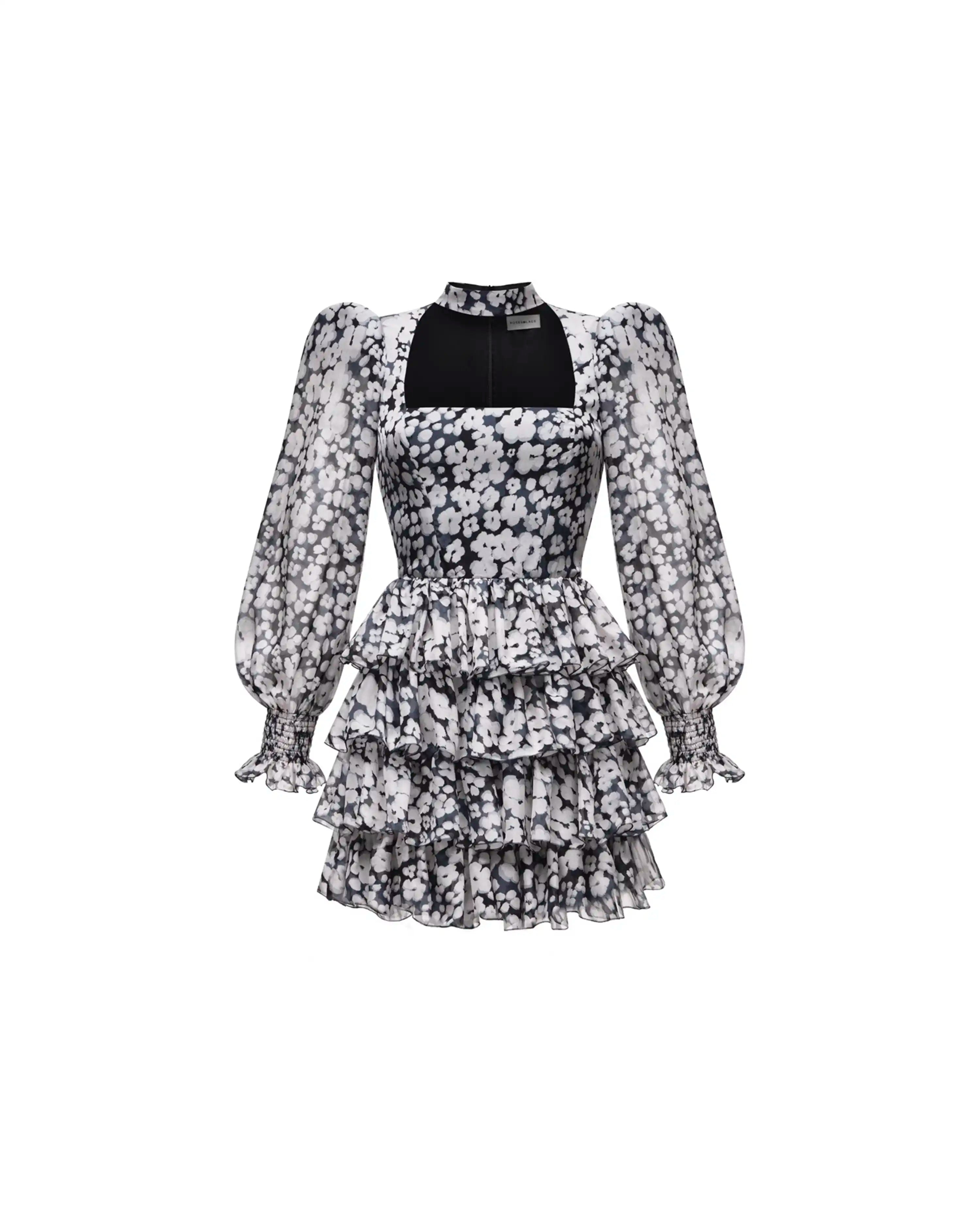 Valerie mini, mini dress black chiffon with medium ivory flowers