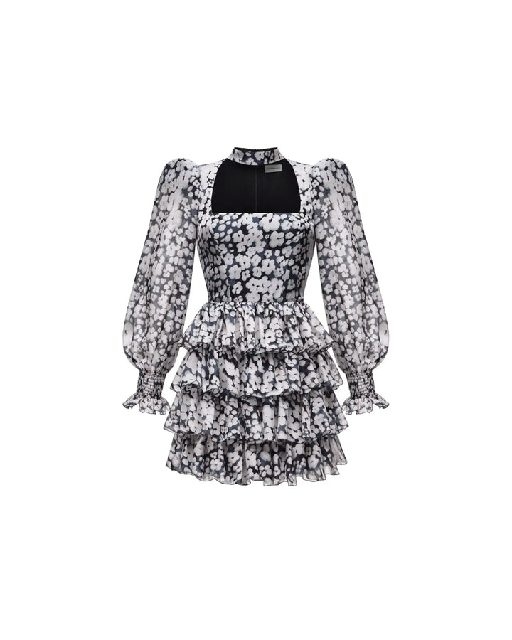 Valerie mini, mini dress black chiffon with medium ivory flowers