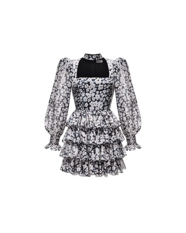 Valerie mini, mini dress black chiffon with medium ivory flowers
