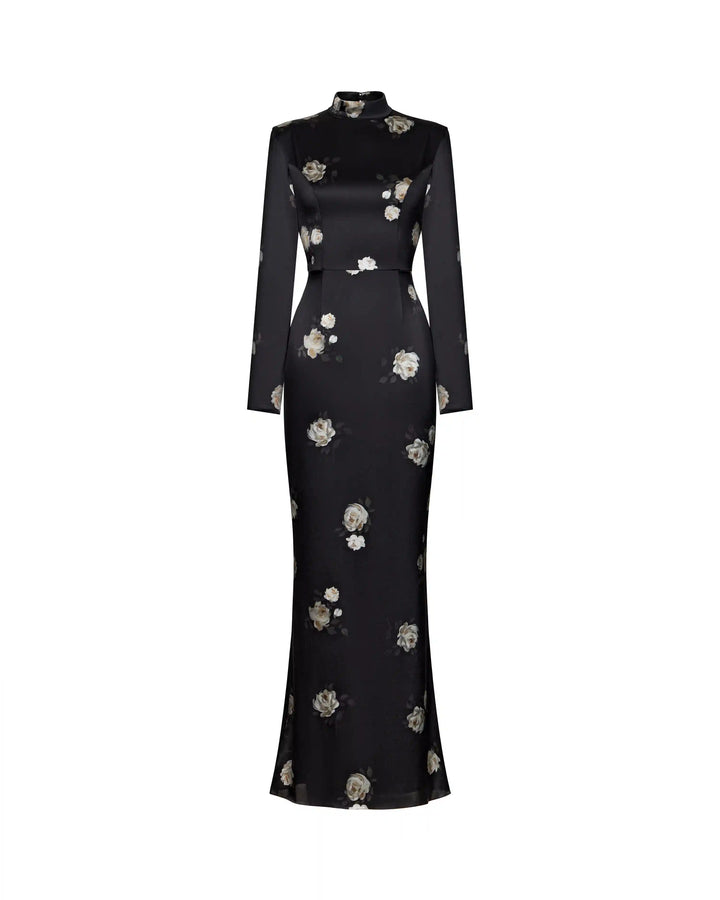 Muna, maxi dress with long sleeves made of black satin with a floral print