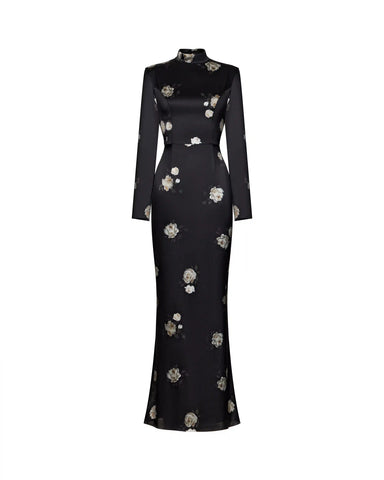 Muna, maxi dress with long sleeves made of black satin with a floral print