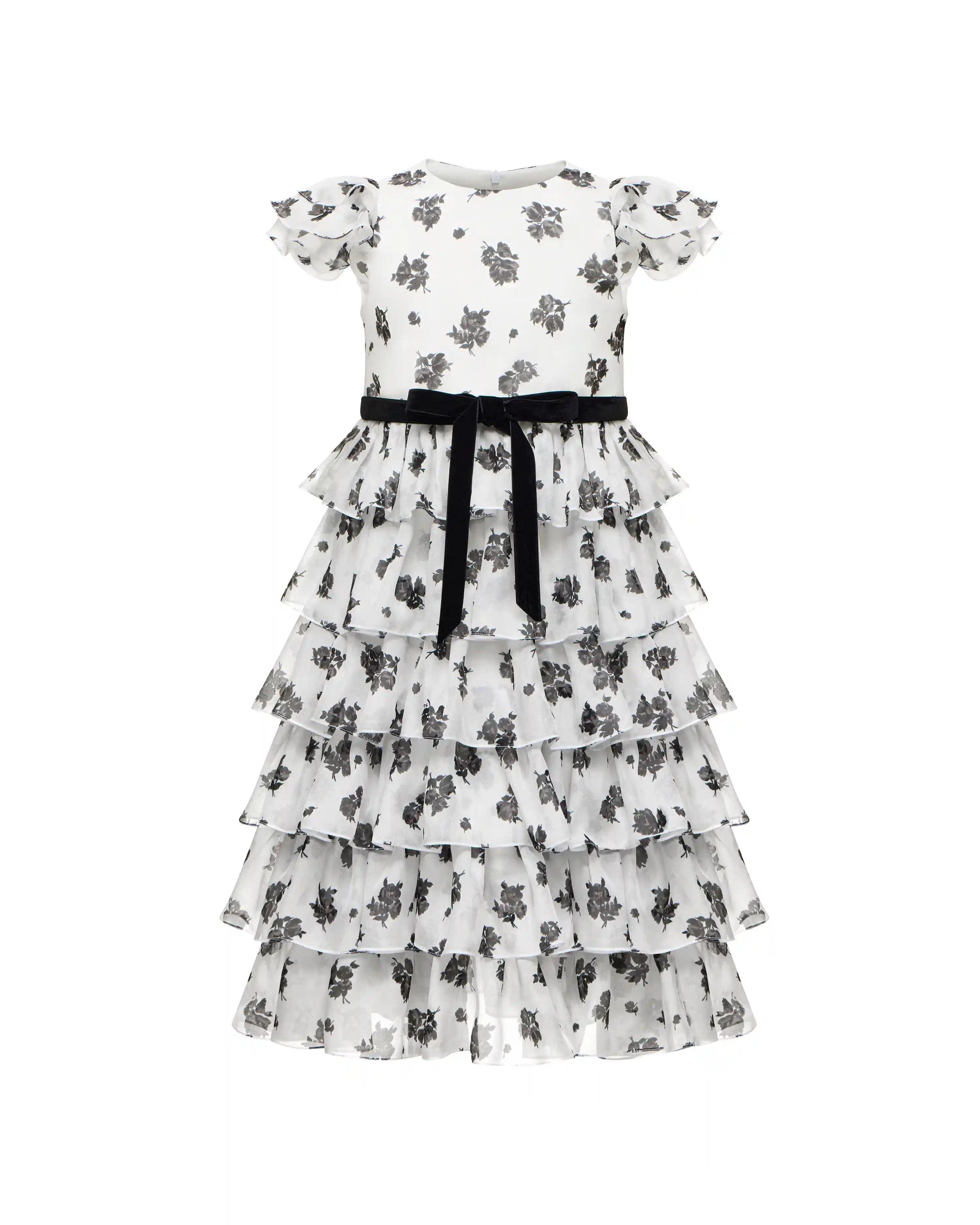Ava, children's dress made of ivory chiffon with floral print, with a bow