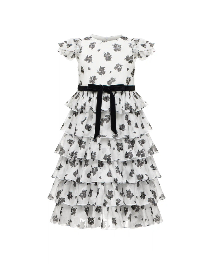 Ava, children's dress made of ivory chiffon with floral print, with a bow