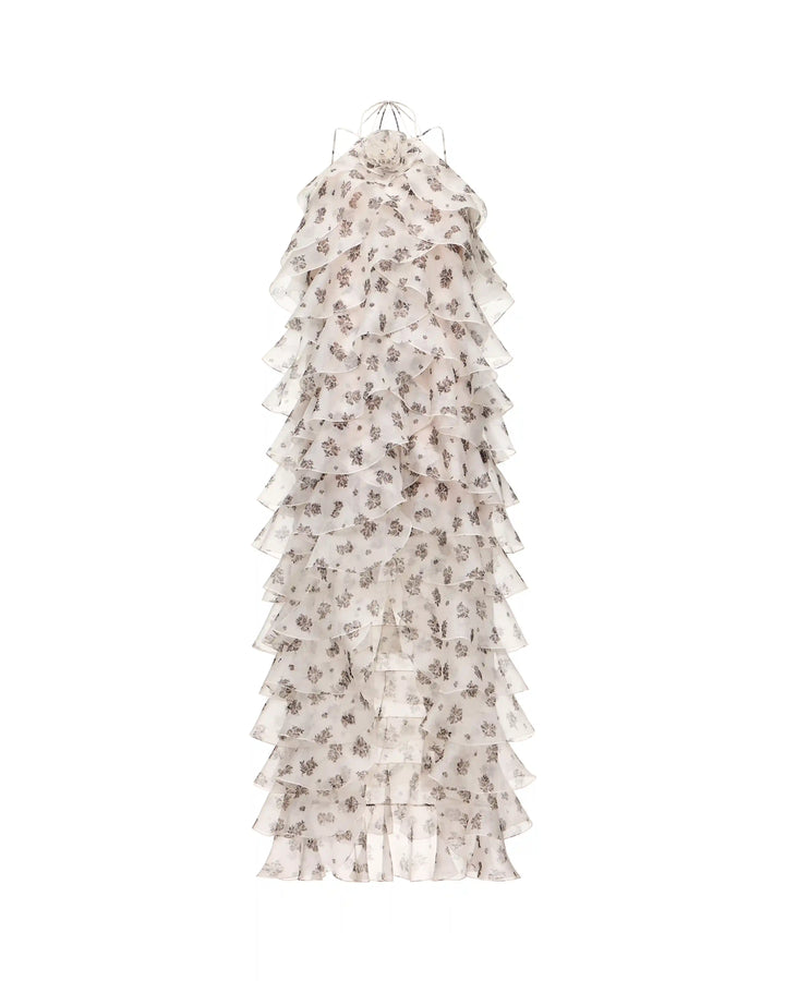 Dakota maxi, maxi dress made of ivory organza with a medium floral print and a rose