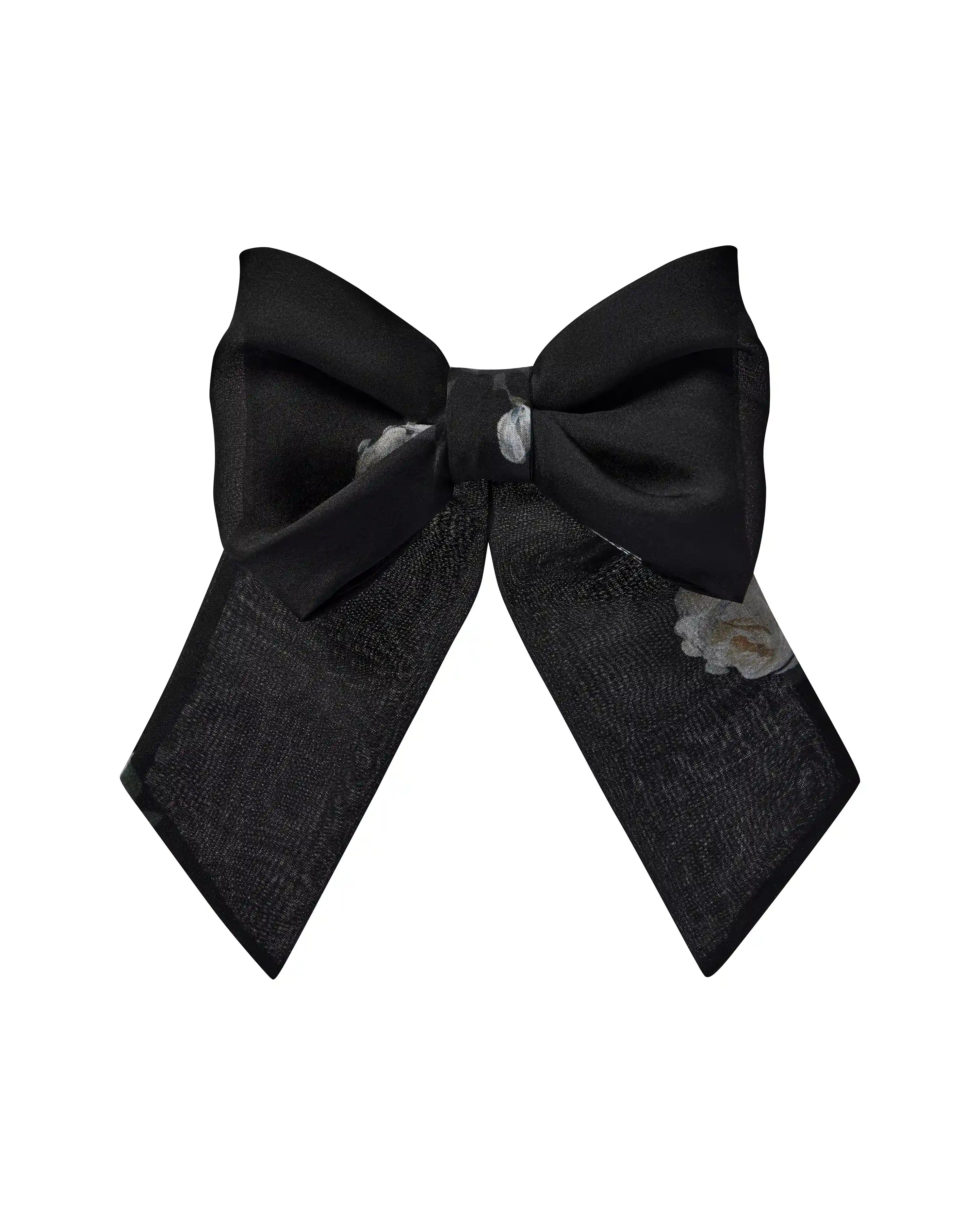 Mirella, hairclip bow made of black chiffon with floral print