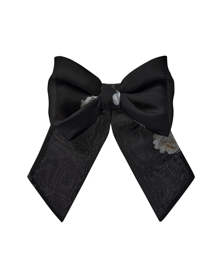 Mirella, hairclip bow made of black chiffon with floral print
