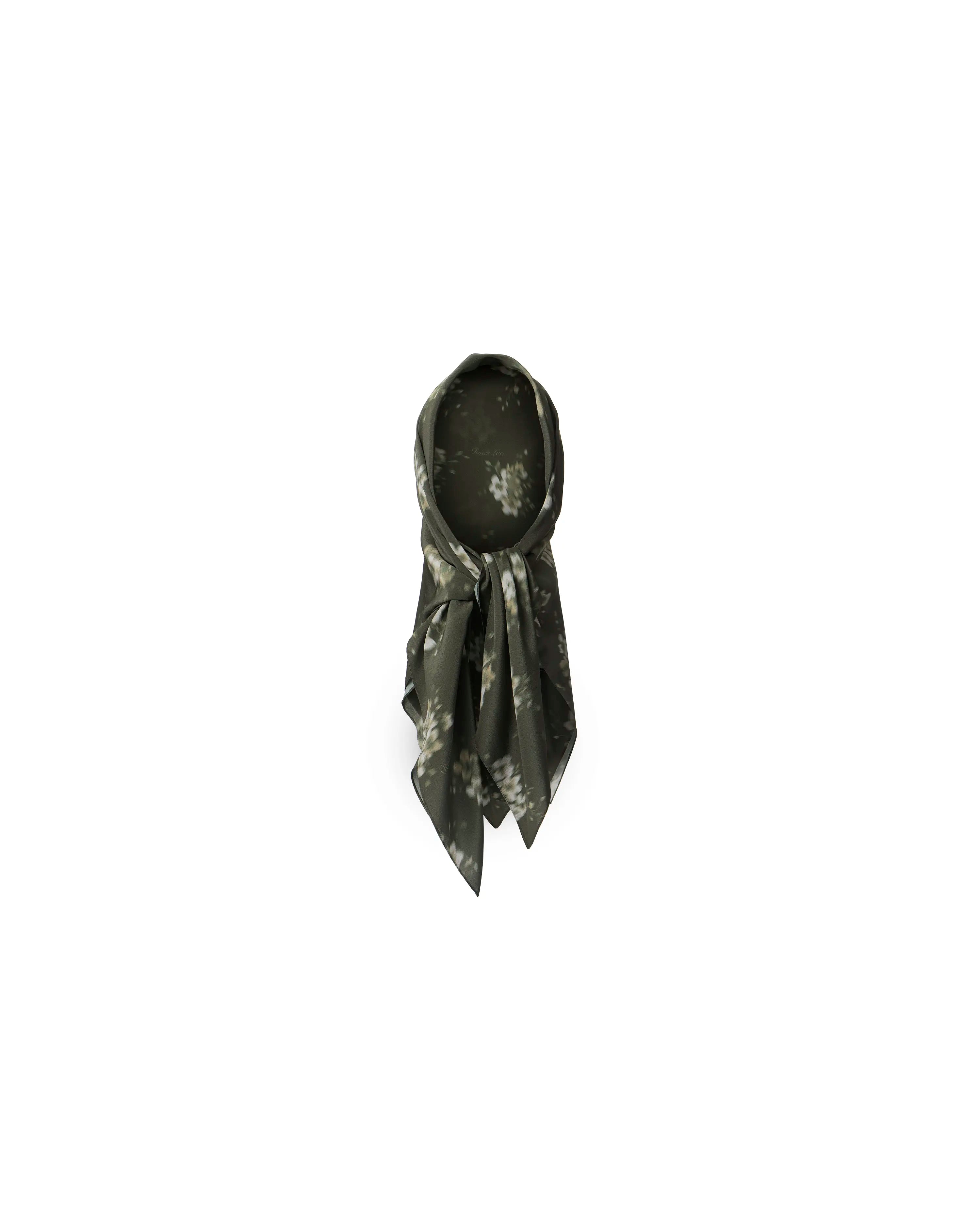 Leticia, khaki crepe de chine headscarf with ivory flowers