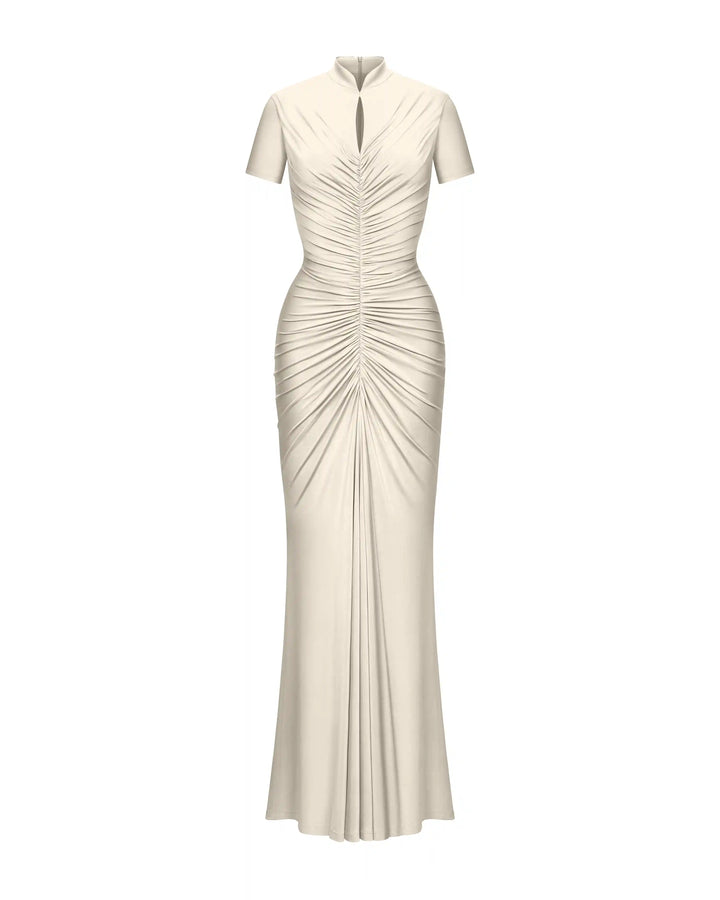 Amanda maxi, draped maxi dress made of ivory biflex