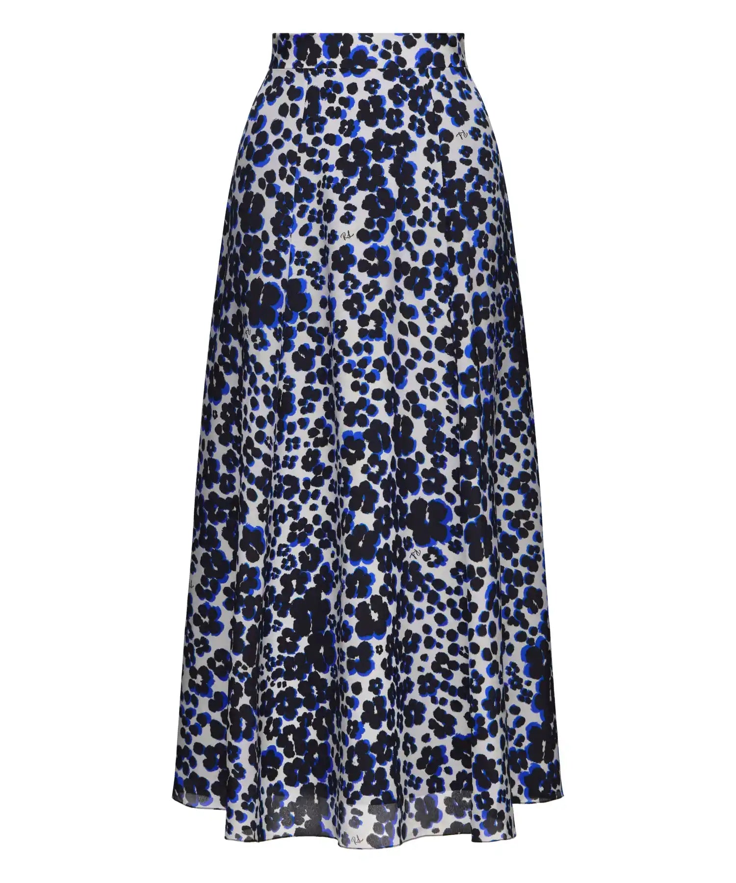 Olivia, milky crepe de chine midi skirt with medium black flowers