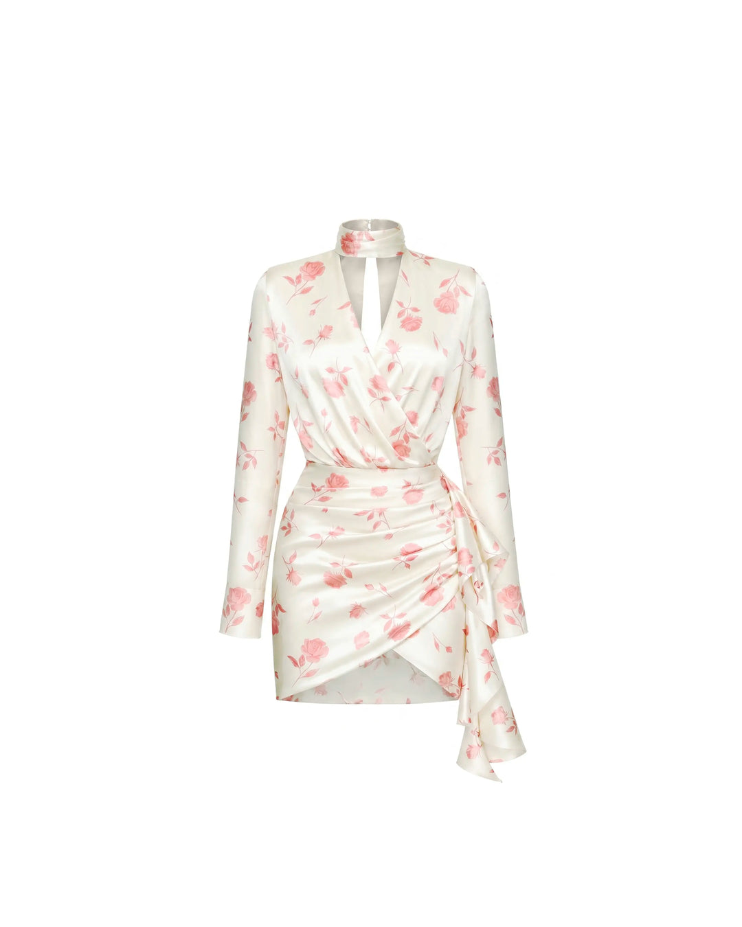 Leah, ivory satin mini dress with medium light pink flowers