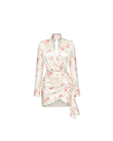 Leah, ivory satin mini dress with medium light pink flowers
