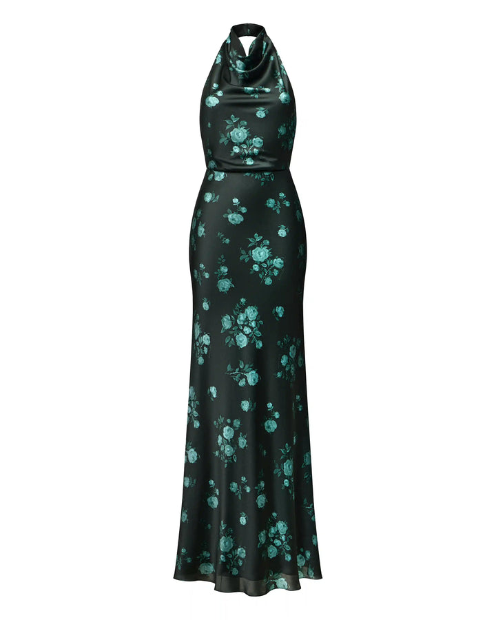 Esty maxi, maxi dress made of dark green satin with a floral print