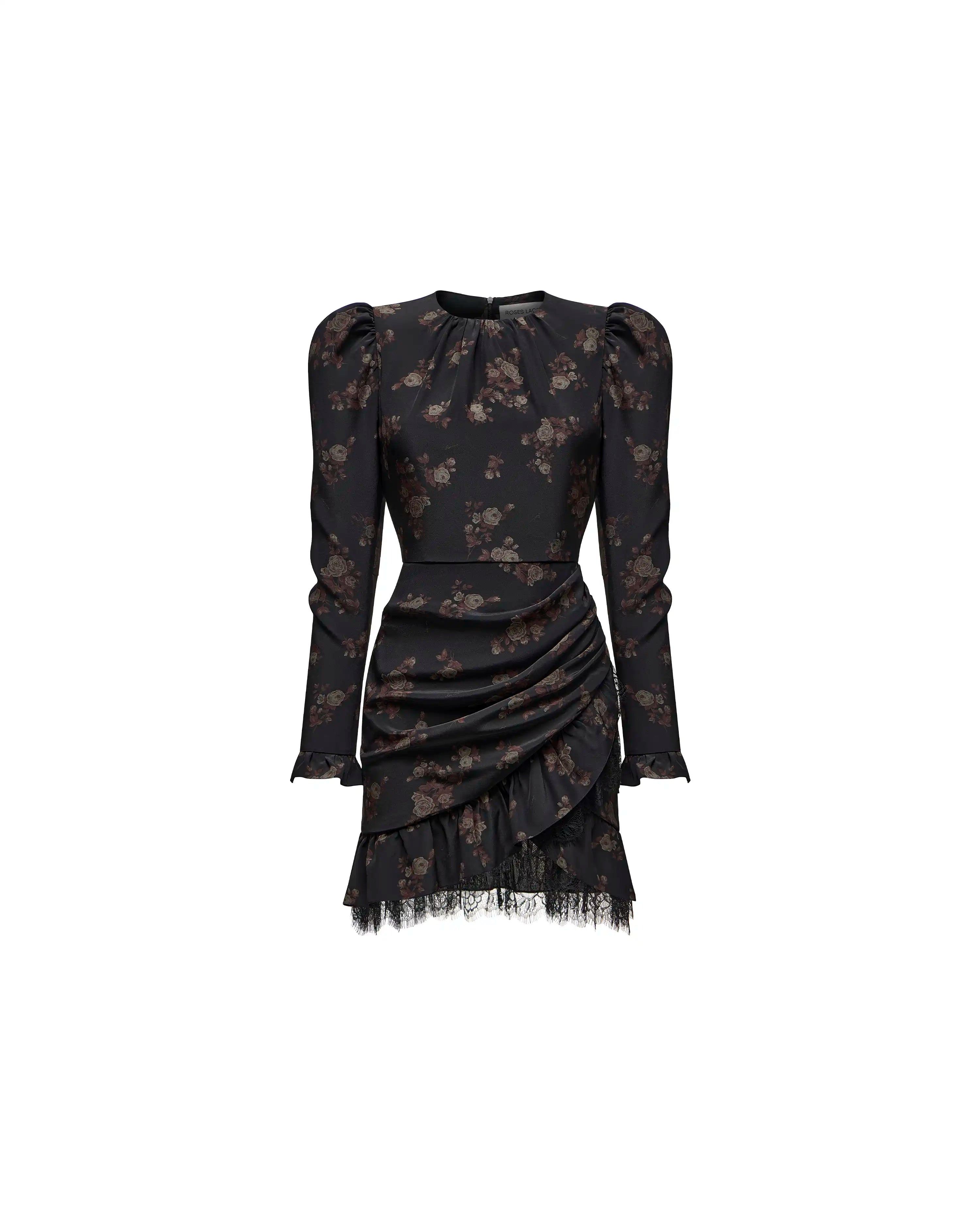 Charlotte mini, black crepe de chine mini dress with brown flowers