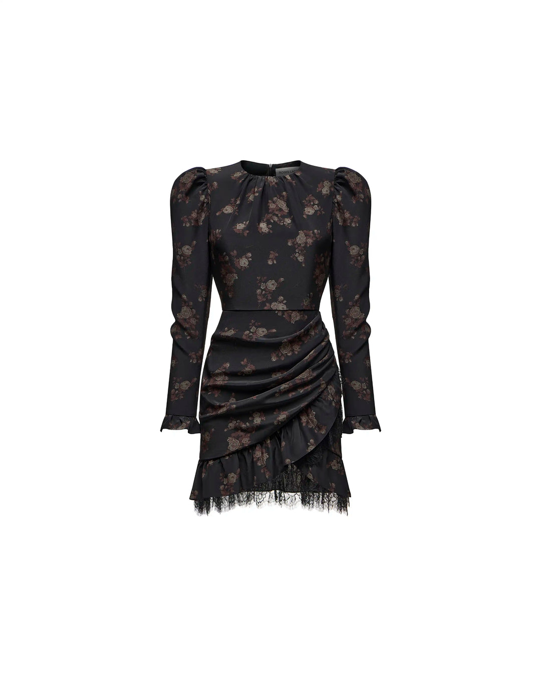 Charlotte mini, black crepe de chine mini dress with brown flowers