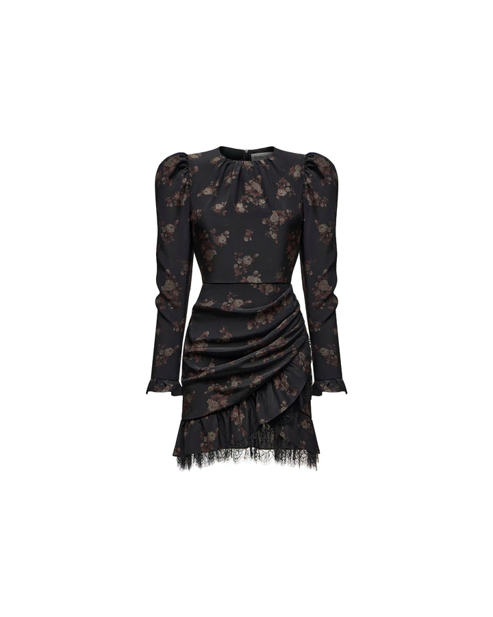 Charlotte mini, black crepe de chine mini dress with brown flowers