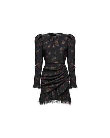 Charlotte mini, black crepe de chine mini dress with brown flowers