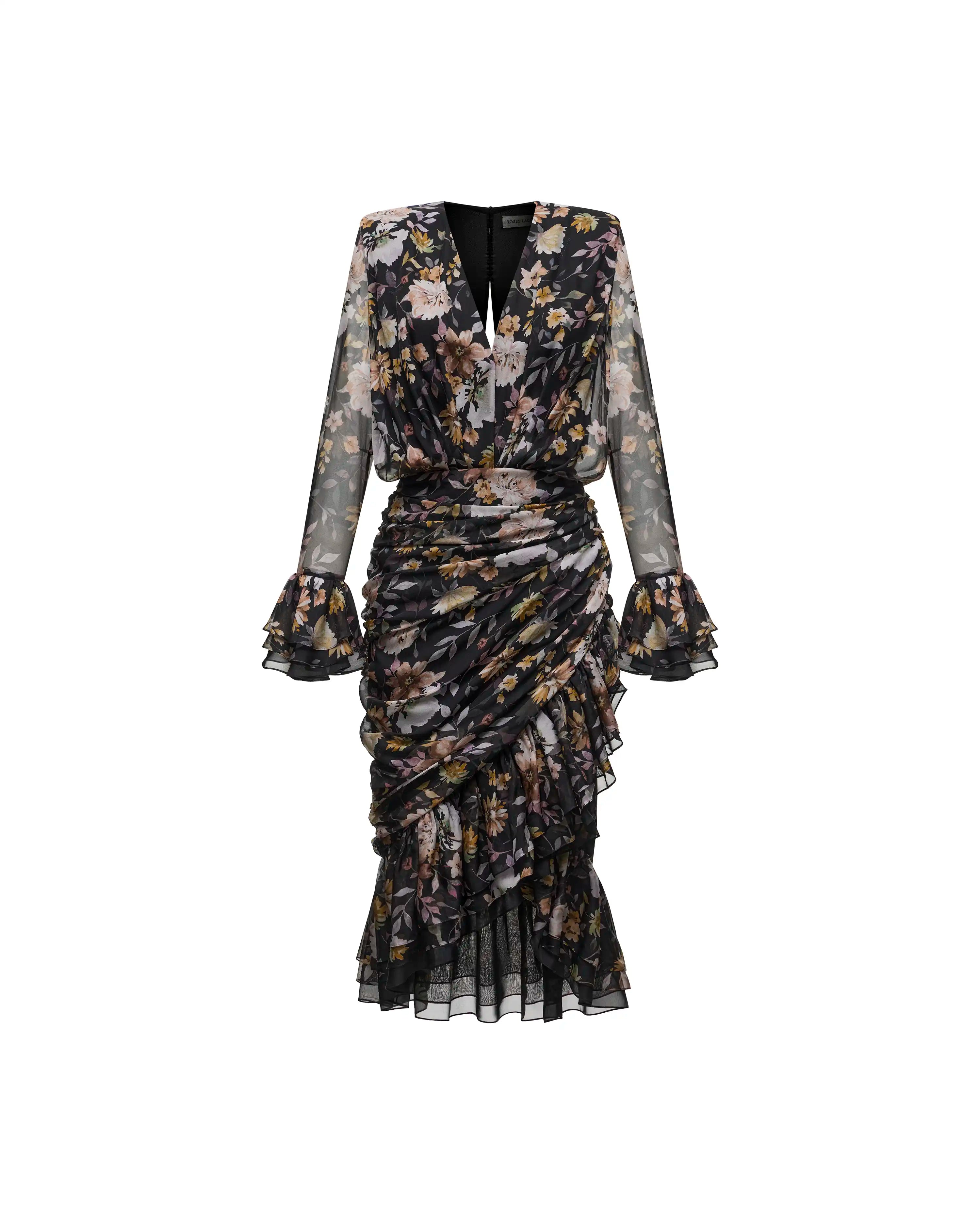 Mira midi, black chiffon midi dress with multicolor floral print
