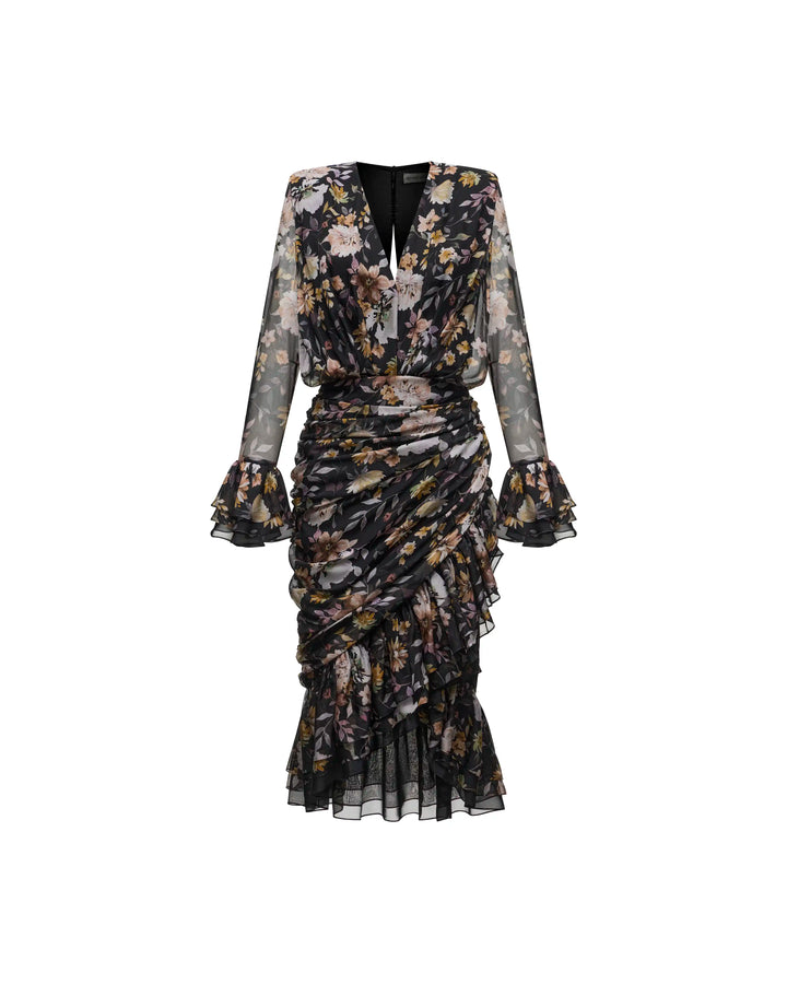 Mira midi, black chiffon midi dress with multicolor floral print
