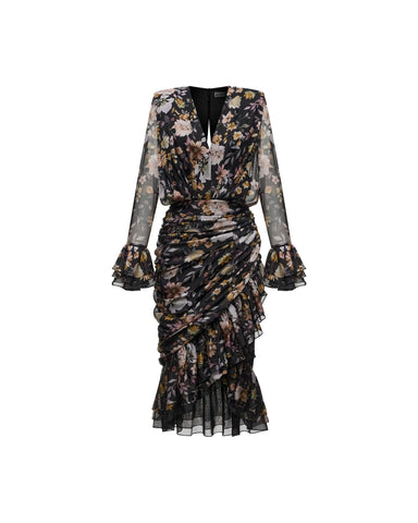 Mira midi, black chiffon midi dress with multicolor floral print