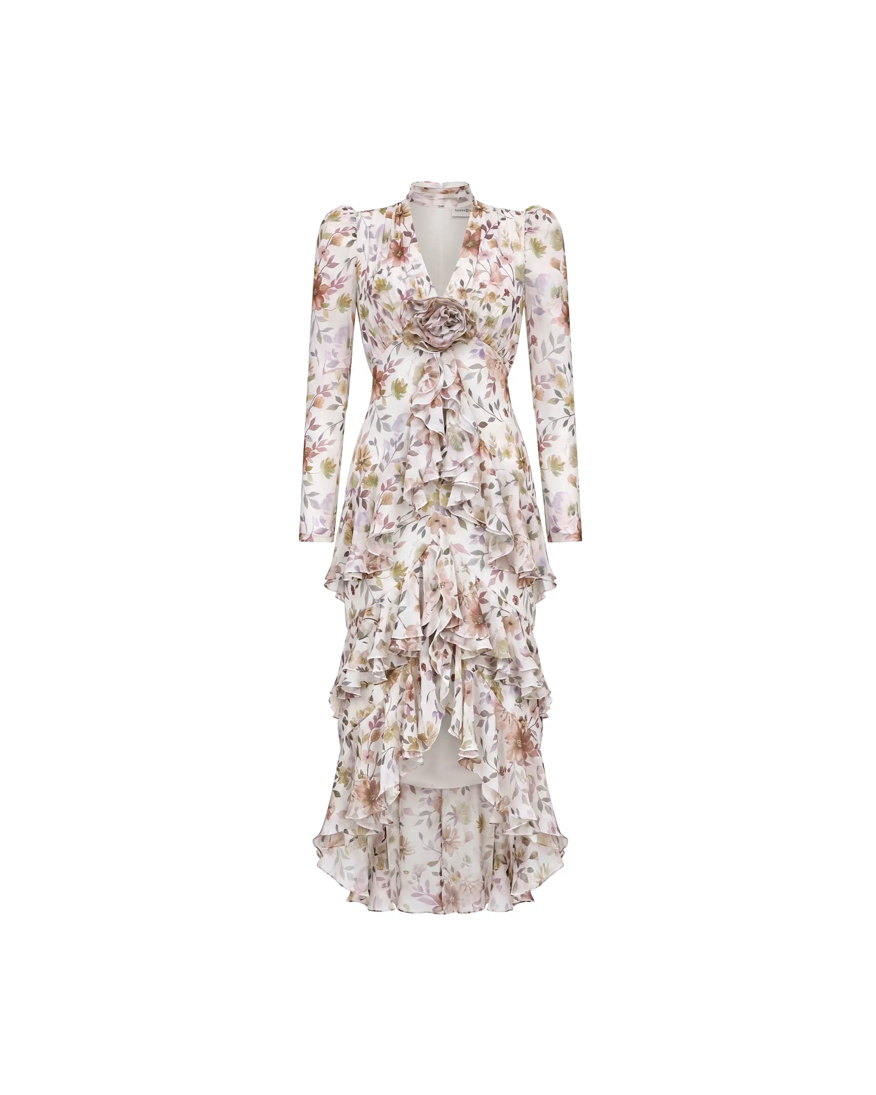 Beatrice sleeves, milky chiffon midi dress with multicolor floral print