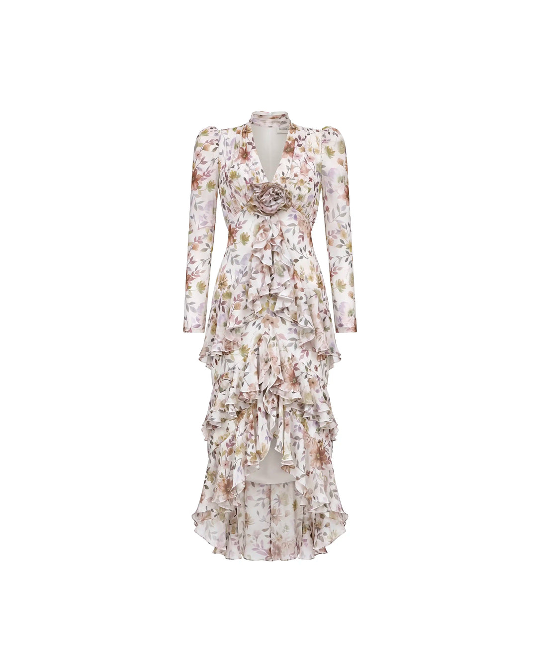 Beatrice sleeves, milky chiffon midi dress with multicolor floral print