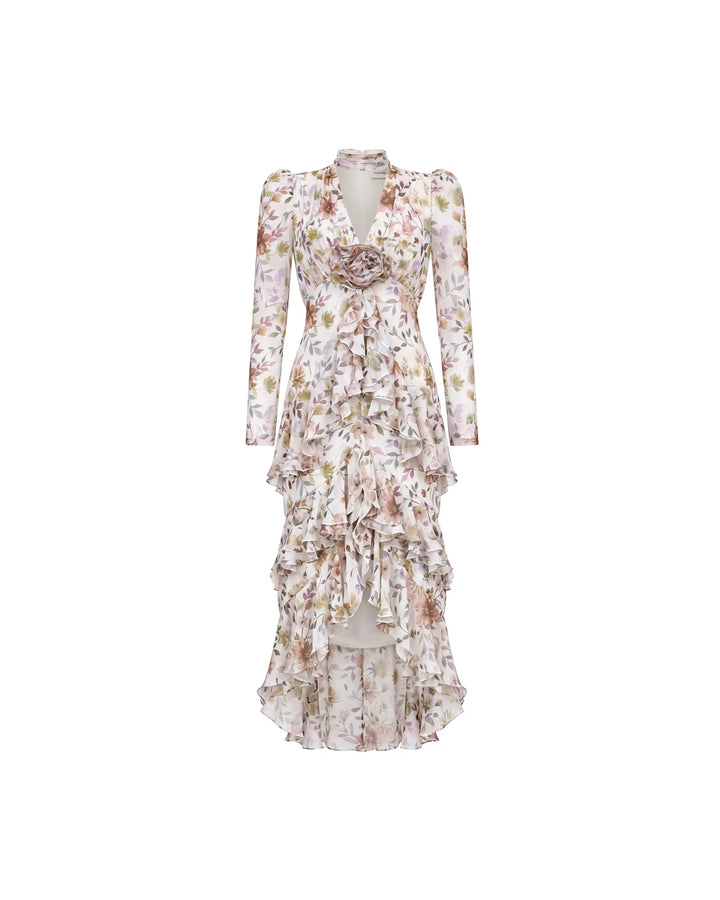 Beatrice sleeves, milky chiffon midi dress with multicolor floral print