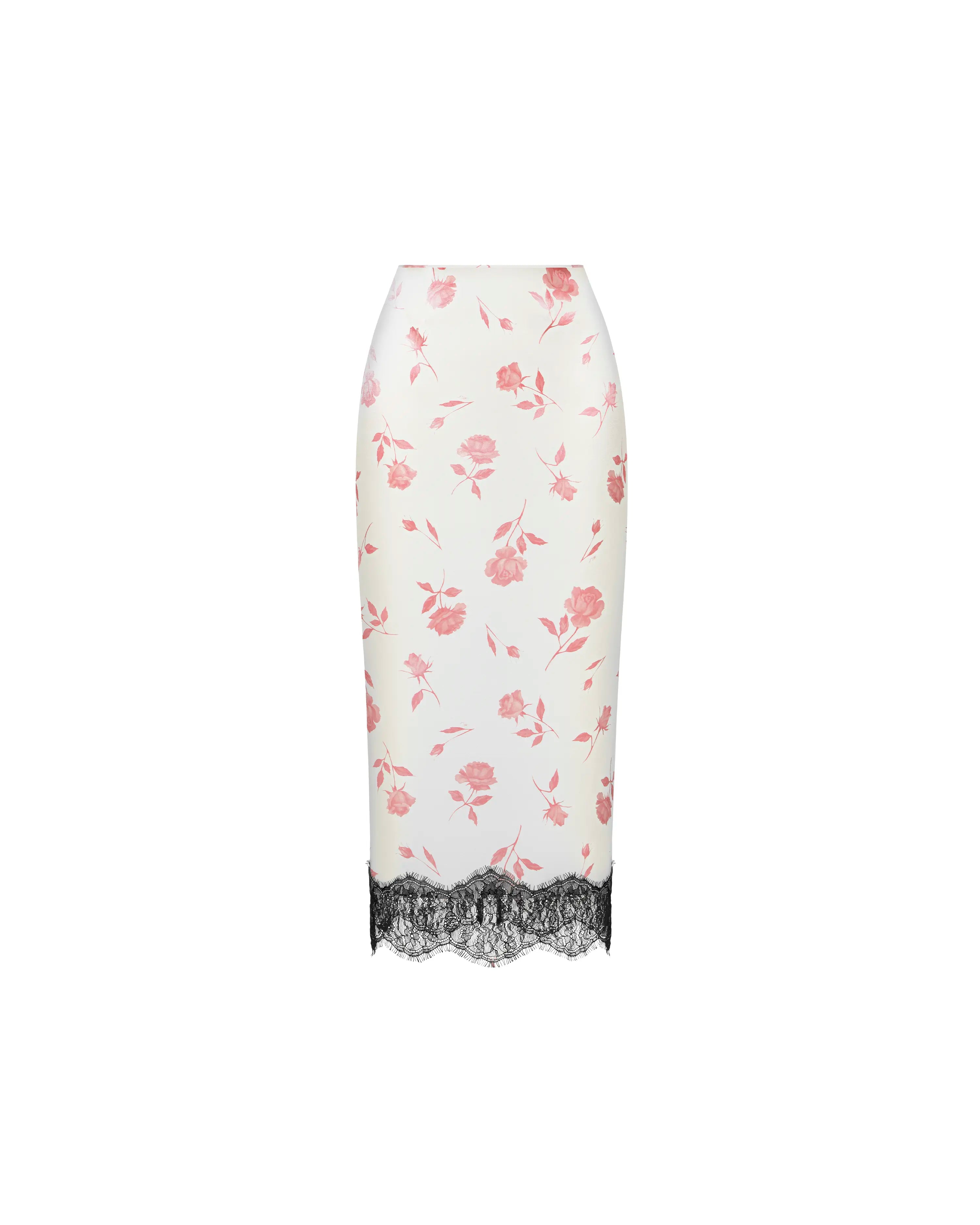 Muriel midi, ivory satin midi skirt with medium light pink flowers