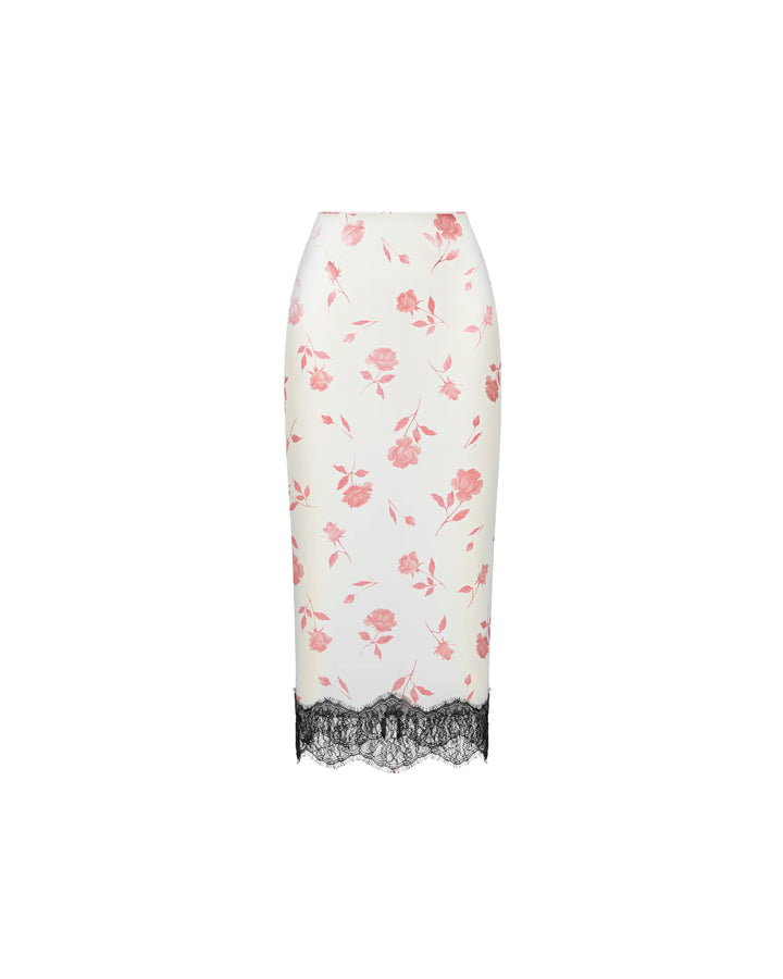 Muriel midi, ivory satin midi skirt with medium light pink flowers