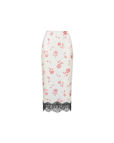 Muriel midi, ivory satin midi skirt with medium light pink flowers
