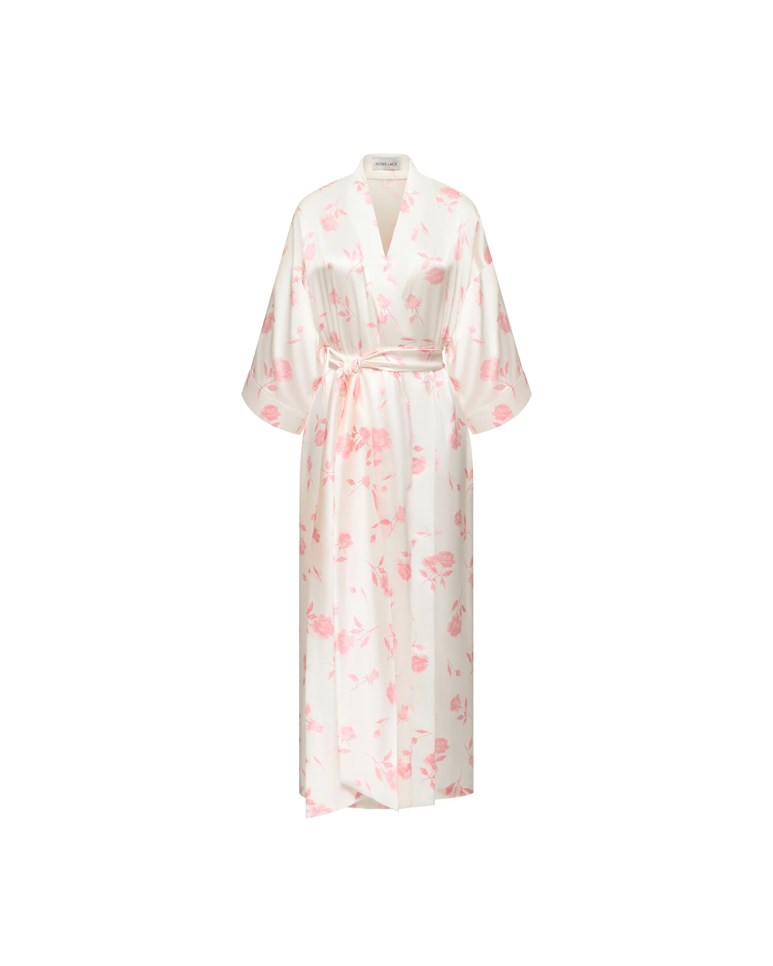 Sen midi, ivory satin wrap dress with medium light pink flowers