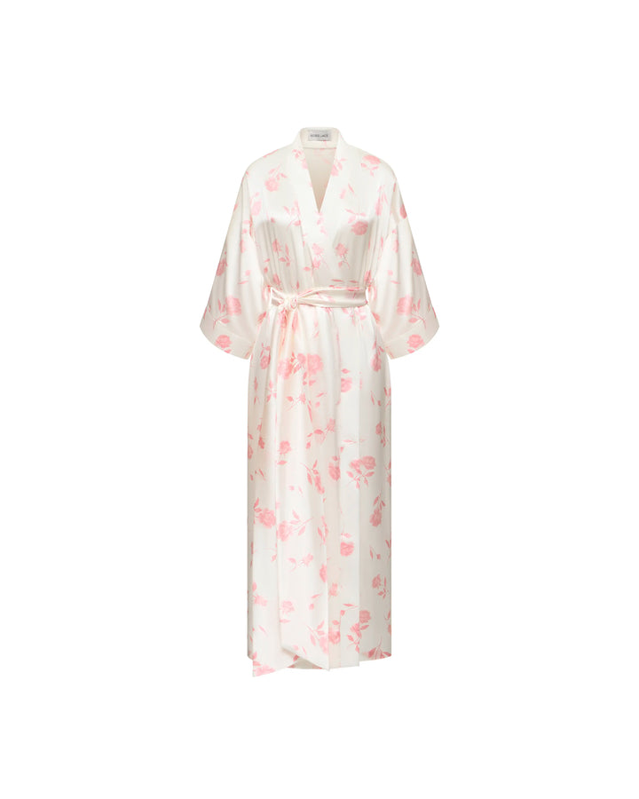 Sen midi, ivory satin wrap dress with medium light pink flowers