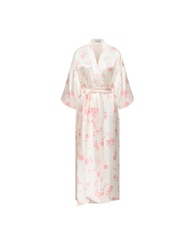 Sen midi, ivory satin wrap dress with medium light pink flowers