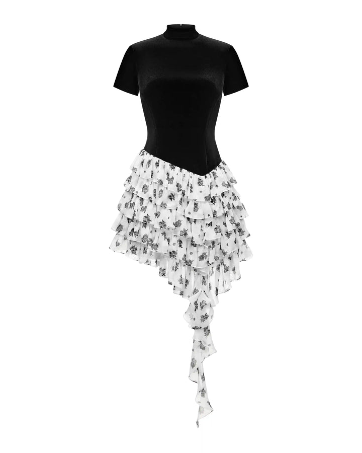 Sona, mini dress made of black velvet with a skirt of ivory chiffon with a floral print