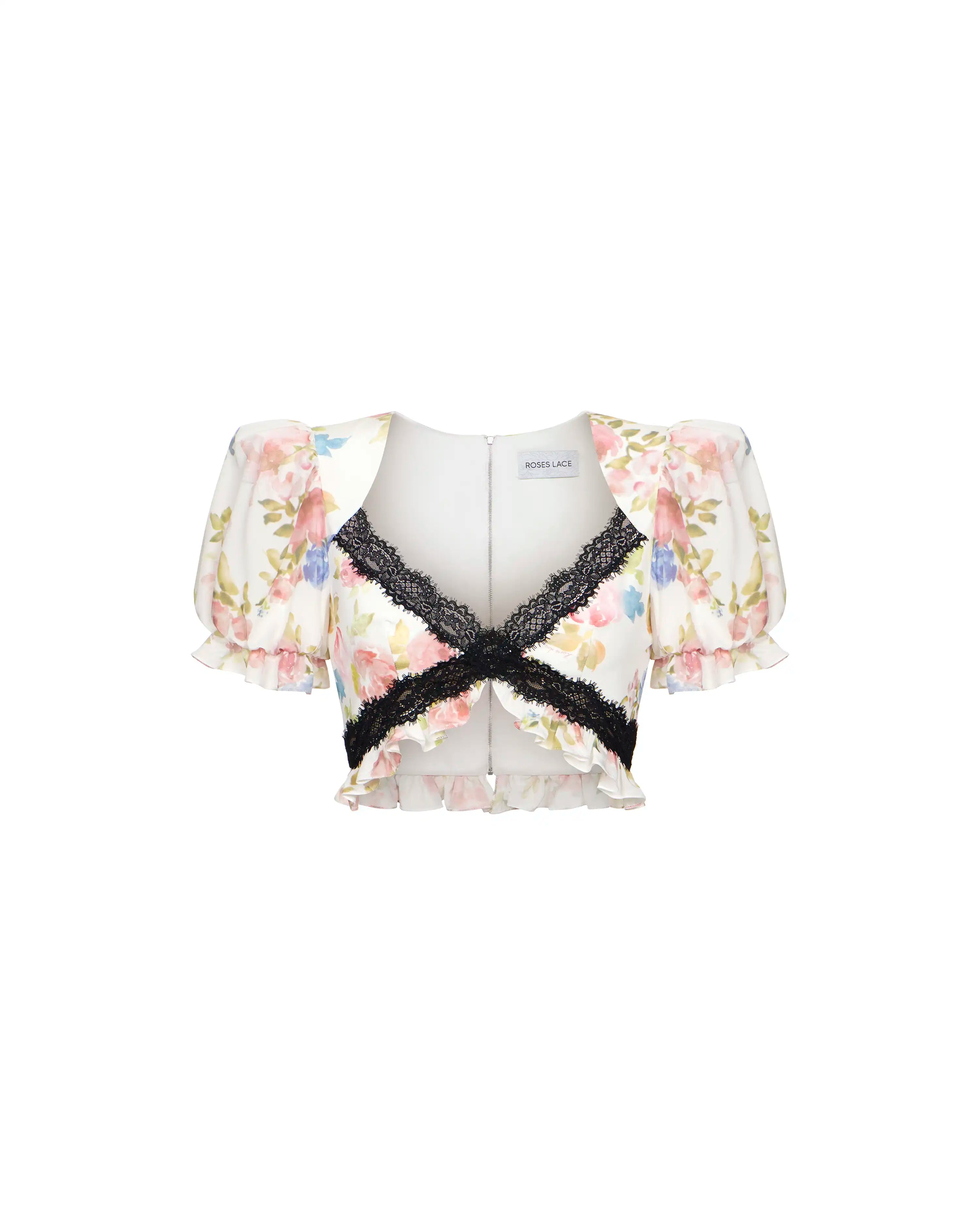 Penny, milky crepe de chine top with a floral print and black lace trim