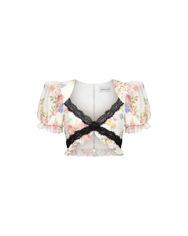 Penny, milky crepe de chine top with a floral print and black lace trim