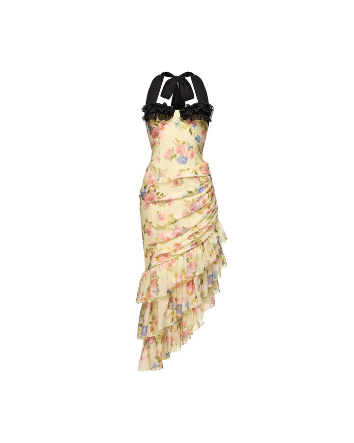 Sally midi, midi dress in pale yellow chiffon with a floral print