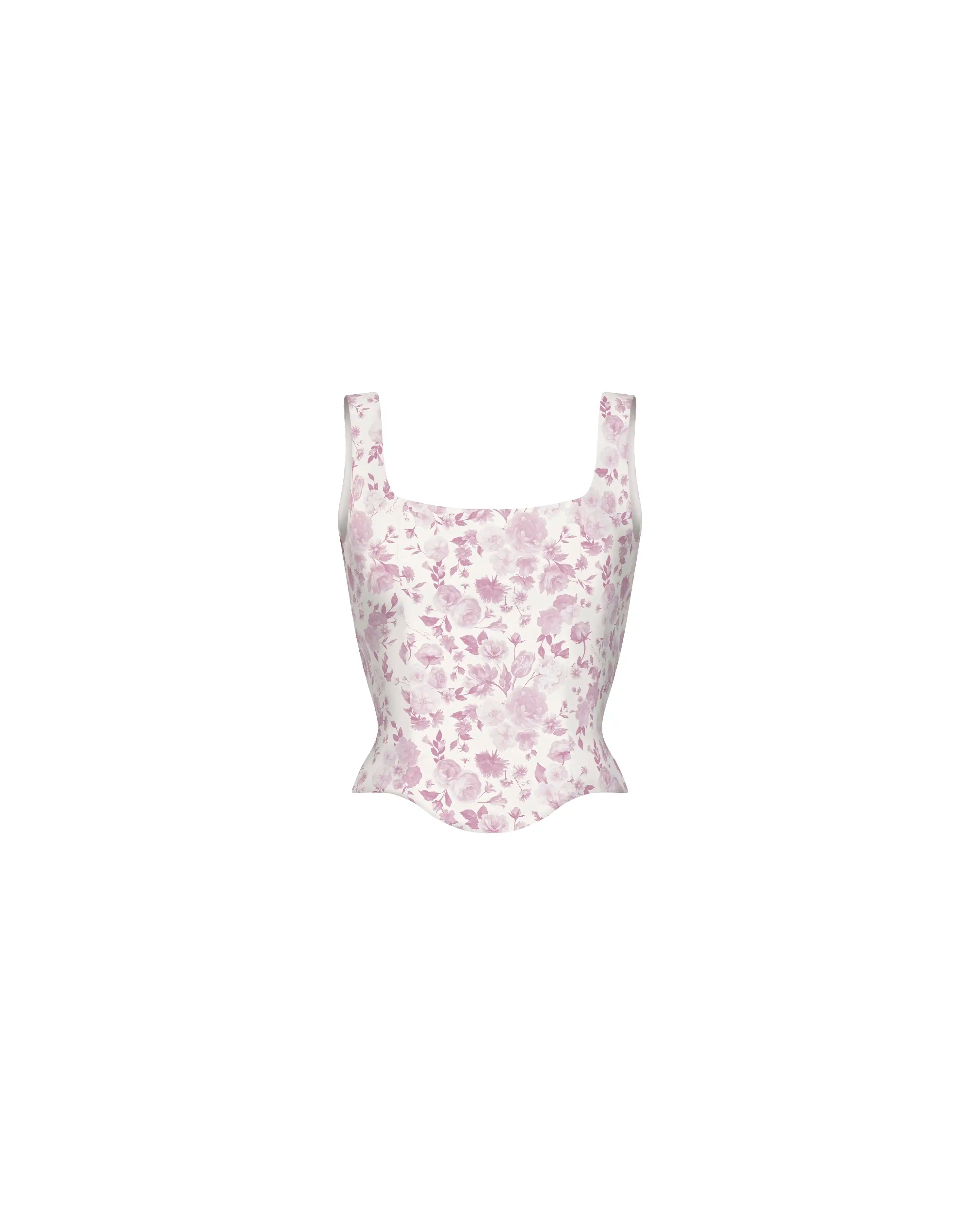 Vi, corset top in milky organza with a floral print